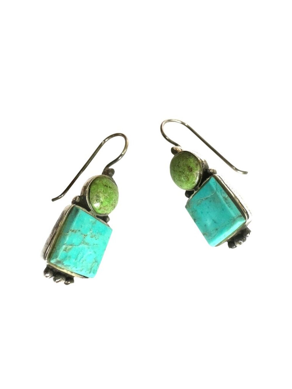Sterling Silver Green & Blue Turquoise Dangle Earrings 925 Thailand